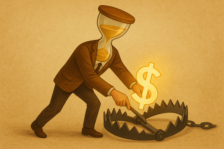 Man with a hourglass face tries to get money out of a bear trap. Showcases the liquidity downsides to C-Corps