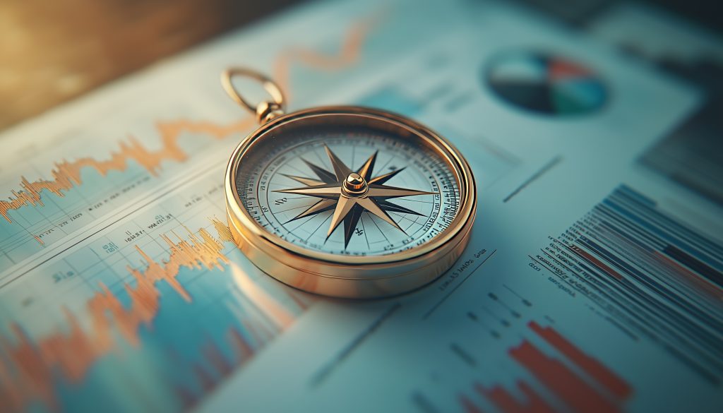 Golden compass sits on financial documents with graphs and charts, offering direction in market analysis.
