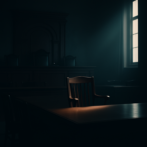 A dimly lit courtroom with a single chair illuminated by a beam of light