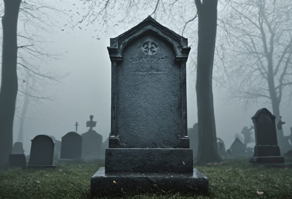 Close-up view of a nameless tombstone in a dark foggy graveyard