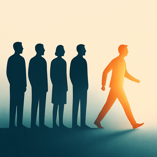 A row of abstract human figures stands still in shadow, while one figure steps forward into light, suggesting active participation.