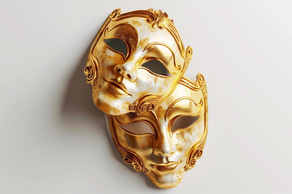gold theater masks on white background