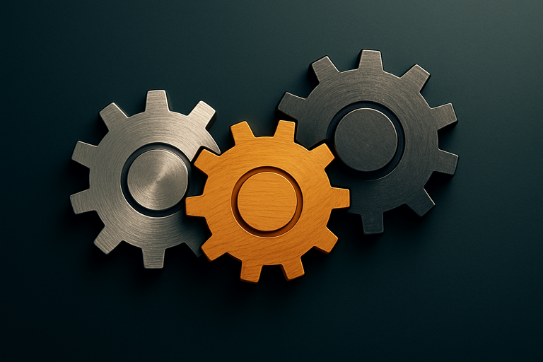 Three interlocking gears mesh smoothly in a clean, minimal setting, symbolizing coordinated and efficient business entity structuring.