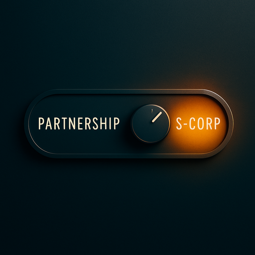 A sleek toggle switch with a circular knob is flipped toward a glowing “S-Corp” side, away from a dimmer “Partnership” label, symbolizing a strategic election or shift.
