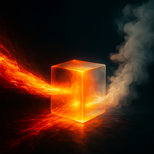 A glowing stream of fire flows into a translucent cube and emerges as soft vapor or smoke, symbolizing transformation and reduction through an intermediary.