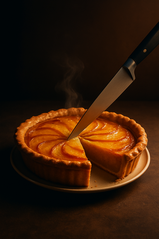 A fruit tart sits on a table with a knife hovering above it, mid-slice, implying an imminent or ongoing removal of a portion.