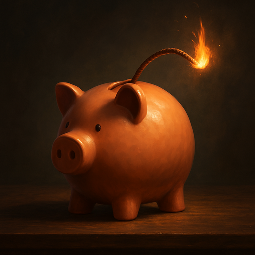 A piggy bank with a lit fuse, symbolizing the financial risk of triggering the Accumulated Earnings Tax or Personal Holding Company rules