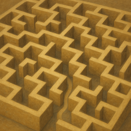 A top-down view of a complex golden maze with a narrow winding path, symbolizing the intricate planning required to leverage QSBS exclusions in high-gain scenarios