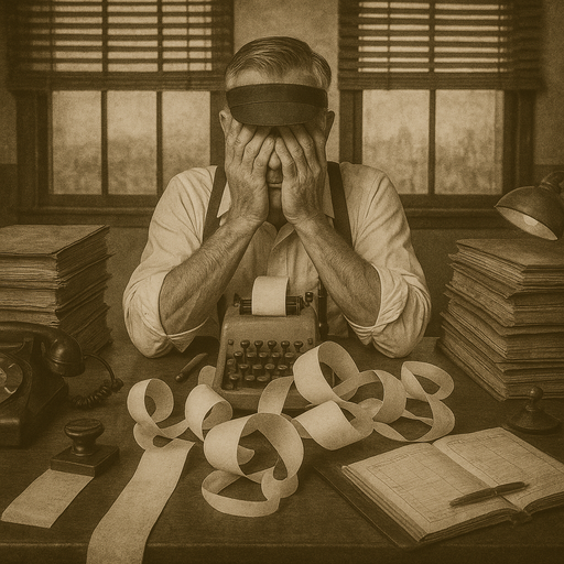 Frustrated man at desk buried in financial paperwork, symbolizing the confusion and overwhelm of comparing tax scenarios for different business structures