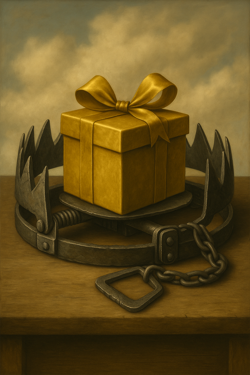 A shiny gift box sitting in a steel bear trap, symbolizing how C-Corporations offer appealing tax perks but come with hidden risks like double taxation