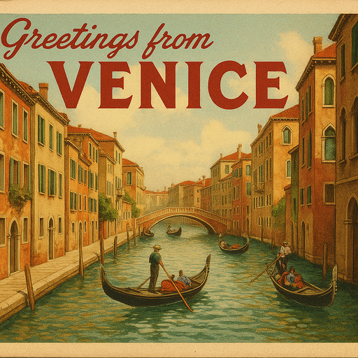 Vintage postcard reading ‘Greetings from Venice’ with gondolas on a canal, symbolizing the foreign residency requirement for qualifying under the GILTI tax structure