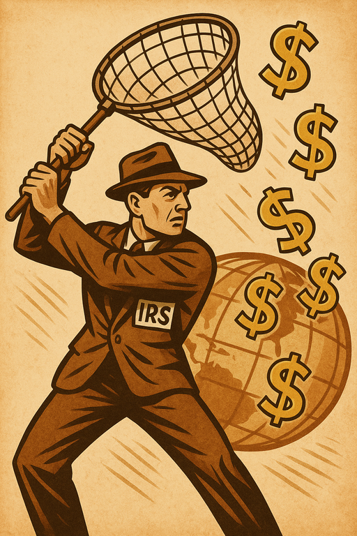 Retro-style illustration of an IRS agent with a net chasing global dollar signs, symbolizing the IRS targeting improper foreign income and GILTI tax avoidance