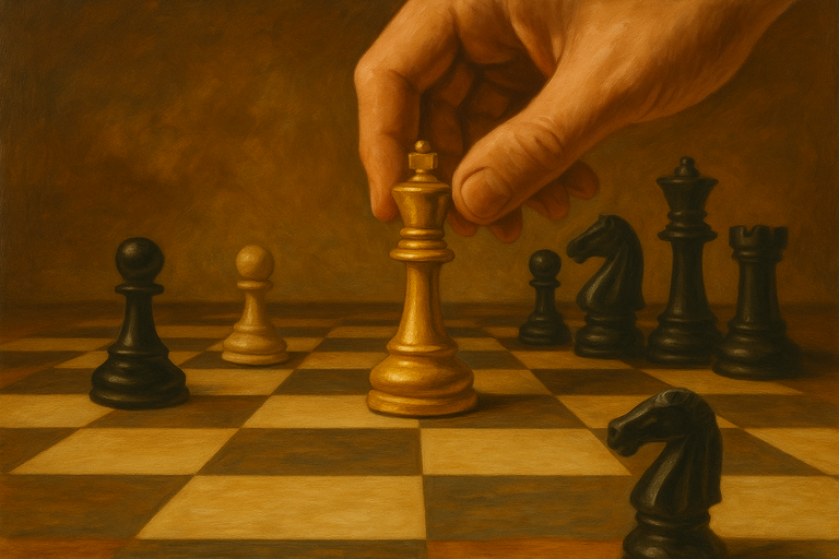 A hand making a calculated chess move with the white king, symbolizing the strategic thinking required to determine if the GILTI tax structure is the right choice for a taxpayer
