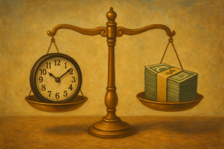 A balanced scale weighing a clock against a stack of money, symbolizing the tradeoff between long-term tax deferral and immediate cash flow in GILTI tax planning
