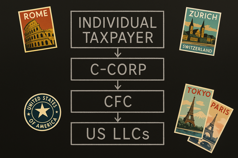 Flowchart diagram showing an individual taxpayer owning a C-Corp, which owns a CFC, which in turn owns US LLCs — illustrating a typical GILTI tax structure setup for expats
