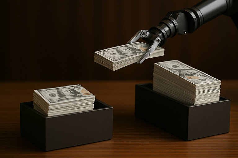 Robotic arm transferring stacks of hundred-dollar bills between boxes, illustrating how PTET shifts income from personal to business level for tax benefits