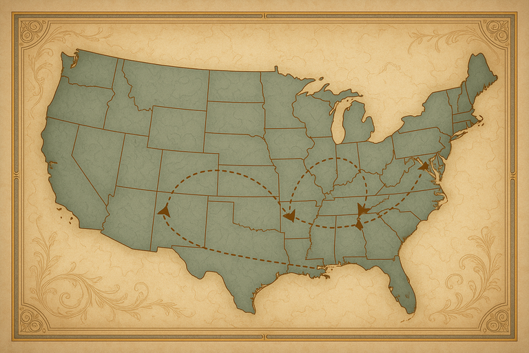 Vintage-style map of the United States with arrows connecting multiple states, symbolizing the tax complexities and risks of PTET elections for businesses with multi-state income