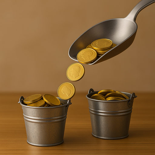 Gold coins being poured from a scoop into two small buckets, symbolizing the Pass-Through Entity Tax shifting income for better tax treatment
