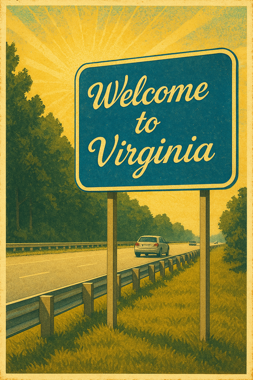 Vintage-style illustration of a 'Welcome to Virginia' road sign, representing cross-state tax issues related to PTET elections and income sourcing