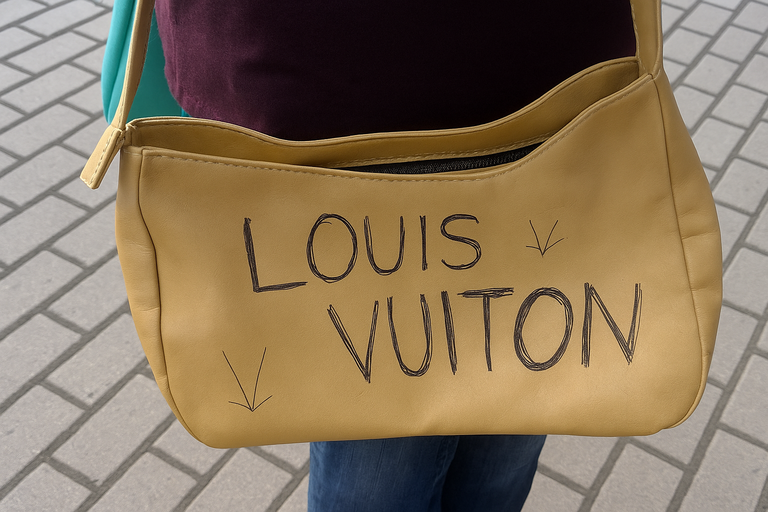 A poorly imitated handbag with "LOUIS VUITON" handwritten in marker, symbolizing exaggerated or false expectations — used to represent the myth that most businesses reach $10 million in gains