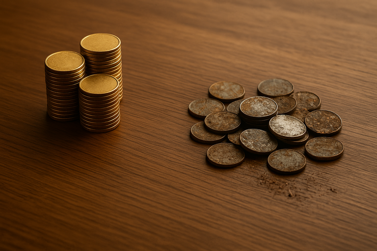 Stacks of clean gold coins next to a scattered pile of rusted coins on a wooden table, representing the difference in what qualifies as basis under QSBS rules