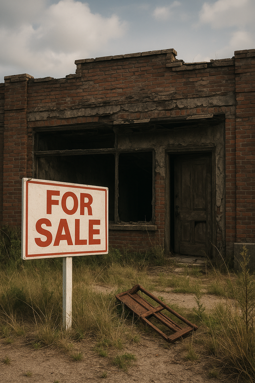 A run-down building with a large "For Sale" sign in front and a broken chair on the ground, symbolizing the difficult decisions and less-than-ideal circumstances many small business owners face when considering a sale
