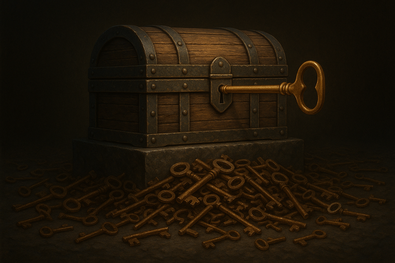 A locked treasure chest surrounded by dozens of discarded keys, with one golden key successfully unlocking it — representing the challenge of accessing QSBS benefits and the rarity of finding the right strategy