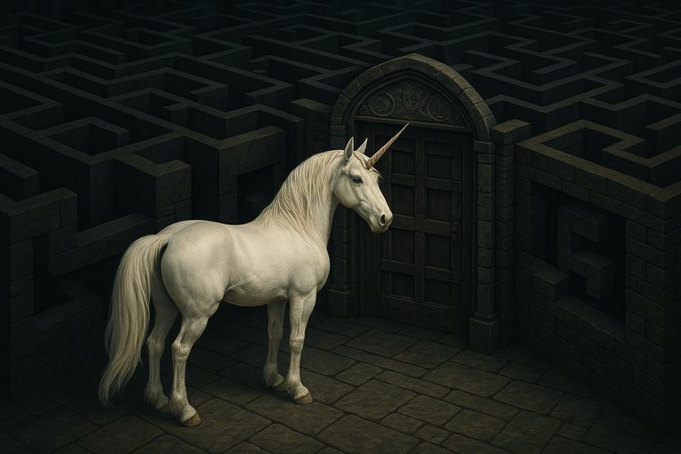 A white unicorn standing in front of a locked door inside a stone maze, symbolizing the rare and exceptional scenarios where QSBS tax treatment truly delivers for high-value, low-distribution startups