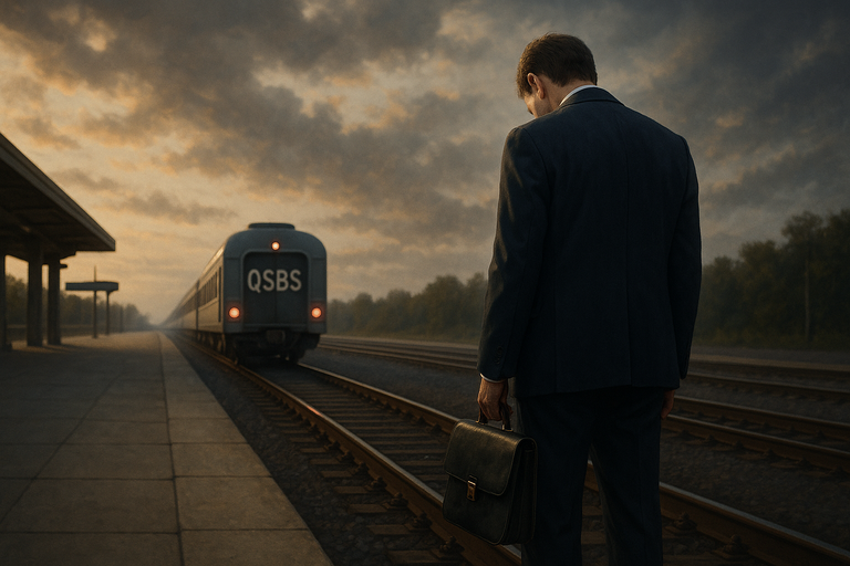 A businessman in a suit stands at a train platform watching a train labeled "QSBS" depart, symbolizing a missed opportunity for tax savings