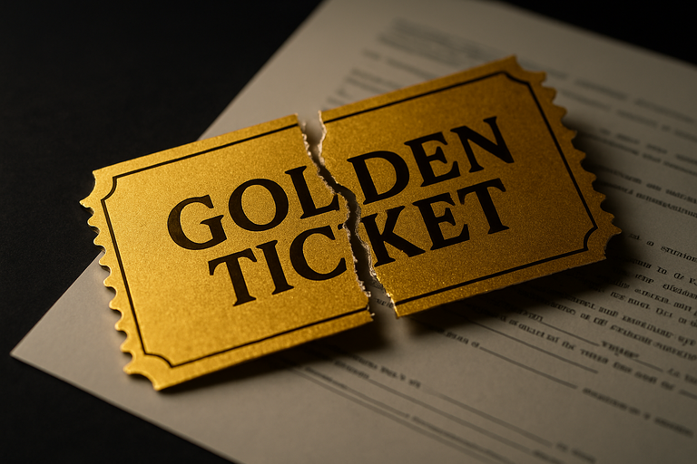A torn golden ticket lying on top of legal documents, symbolizing how failing to meet technical requirements can disqualify a business from QSBS tax benefit