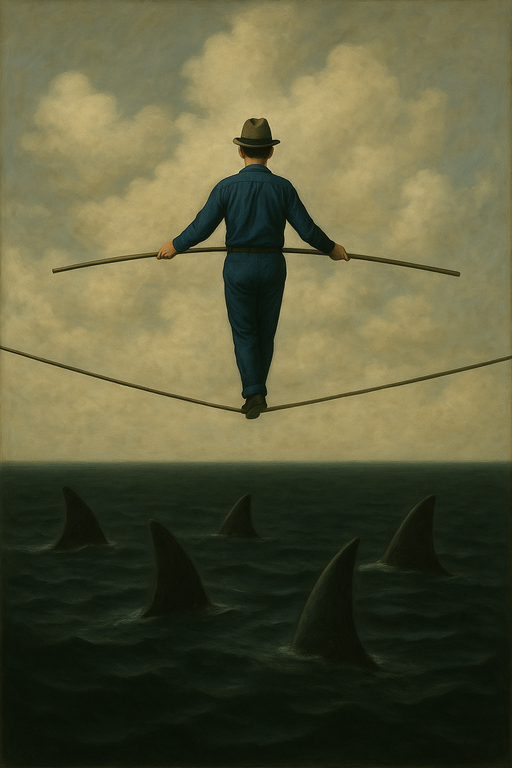 Man walking a tightrope over shark-infested waters, symbolizing the personal risk and lack of legal protection in a sole proprietorship business structure