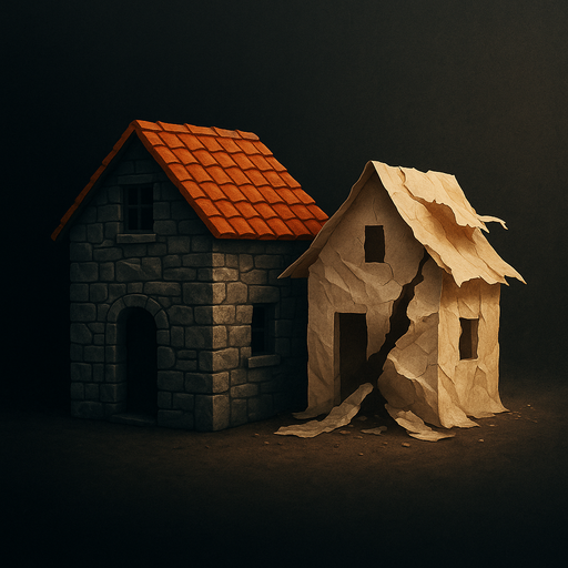 A durable stone house beside a collapsing paper house symbolizes business structures with economic substance versus hollow or poorly formed entities.