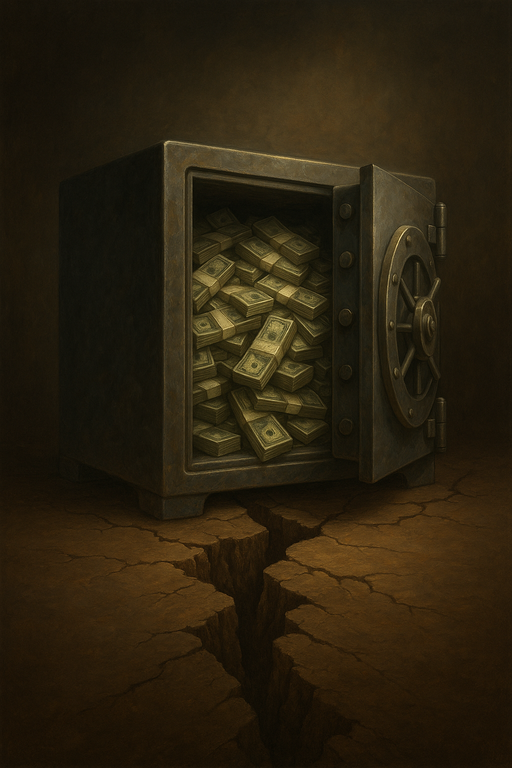 A steel vault overflowing with cash sits on cracked ground, symbolizing financial instability and risks related to accumulated earnings tax and personal holding company rules