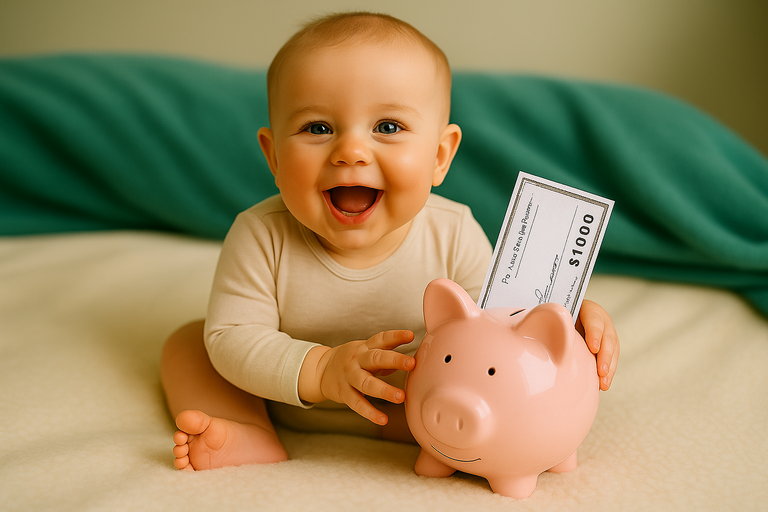Smiling baby sitting on a blanket with a pink piggy bank and a $1,000 check, representing the proposed $1,000 deposit at birth under the OBBBA for 2025-2028.