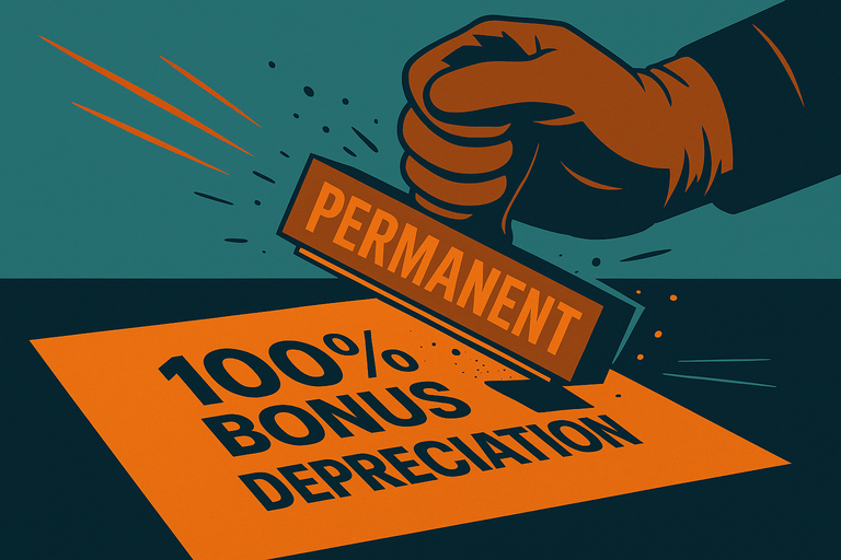 A bold stamp labeled “PERMANENT” being pressed onto a document reading “100% BONUS DEPRECIATION,” symbolizing the permanent extension of bonus depreciation and Section 179 expensing