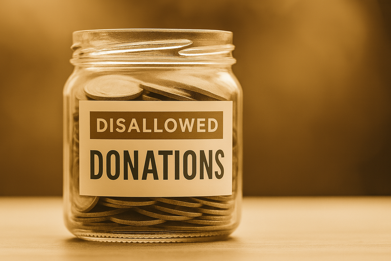 A glass jar labeled “Disallowed Donations” filled with coins, symbolizing the loss or limitation of charitable tax deductions under certain rules