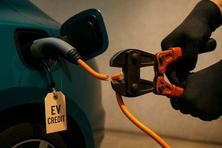 Close-up of a person cutting an electric vehicle charging cable labeled “EV CREDIT” with bolt cutters, symbolizing the end of electric vehicle and solar tax incentives