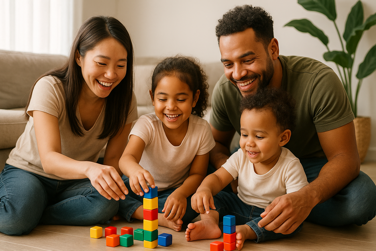 Happy family with two young children playing with colorful building blocks, symbolizing support for families through the expanded Child Tax Credit