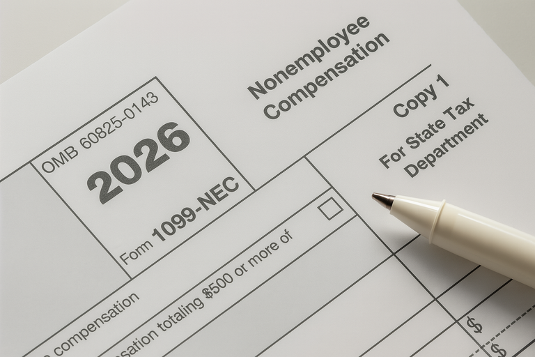 Close-up of IRS Form 1099-NEC for the year 2026 with a pen, highlighting nonemployee compensation reporting requirements increasing in 2026