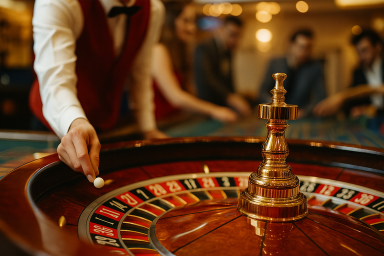 Casino dealer spinning a roulette wheel with players in the background, symbolizing the uncertainty and risk of gambling losses and their treatment under tax law