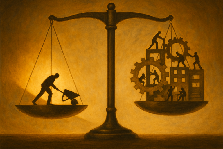 A balance scale comparing individual labor on one side with a collaborative business infrastructure on the other, symbolizing the IRS distinction between a profession and a true business for GILTI eligibilit