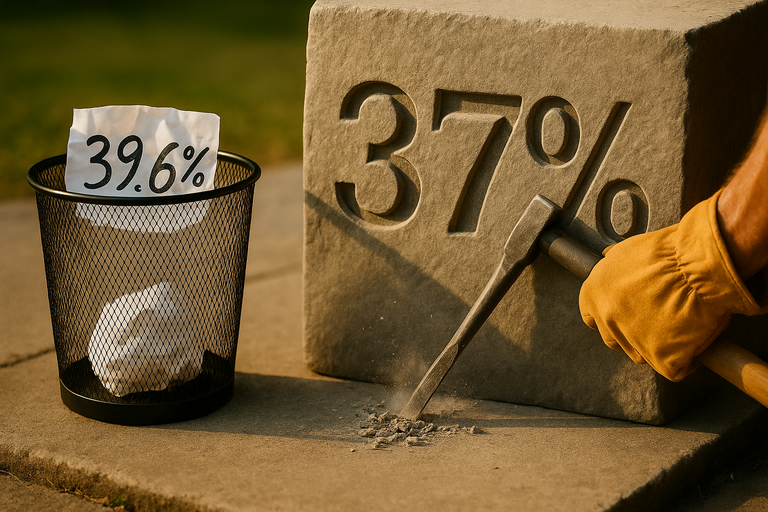 A hand chiseling “37%” into a stone block while a crumpled paper labeled “39.6%” sits discarded in a trash bin, symbolizing the permanent extension of the lower individual tax rate