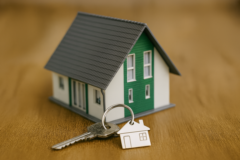House key with a home-shaped keychain beside a miniature model house, representing mortgage interest deductions for homeowners