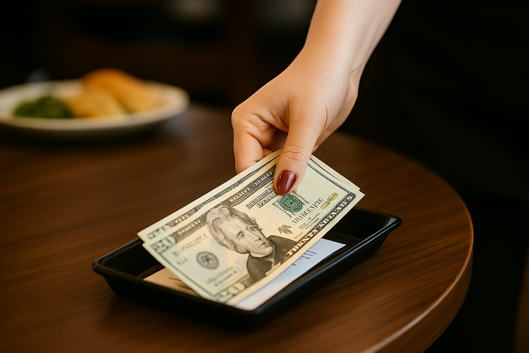 Close-up of a person leaving cash on a restaurant bill tray, symbolizing tax-free treatment of tips and overtime pay 2025-2028 under the OBBBA
