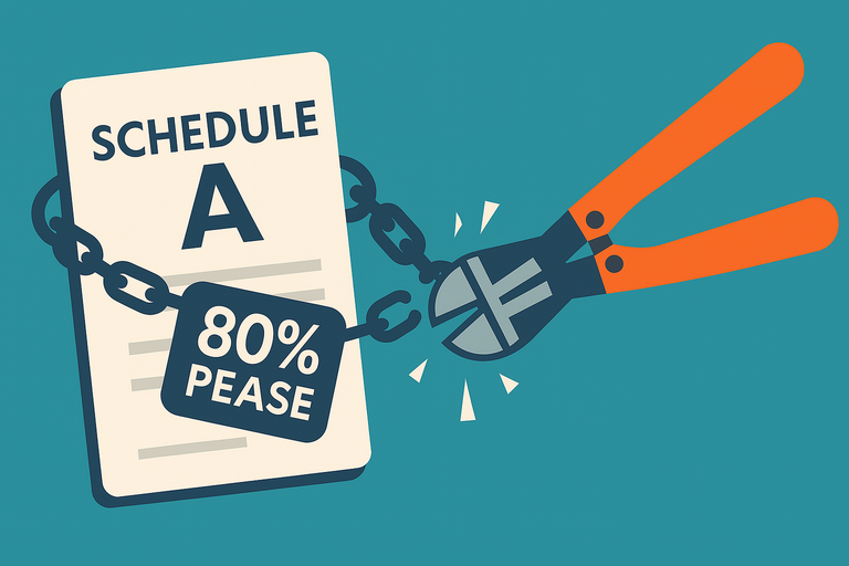 Illustration of bolt cutters breaking chains labeled “80% Pease” attached to a Schedule A form, symbolizing the repeal of the Pease limitation and introduction of a 35% cap on itemized deductions for high earners.