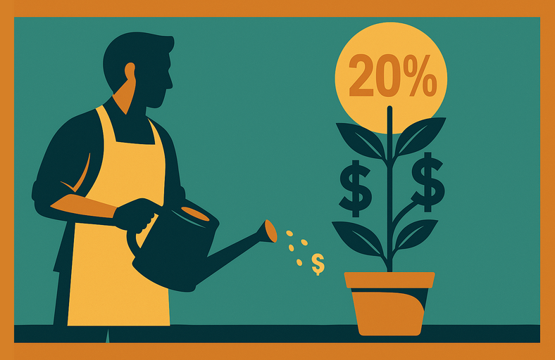 Illustration of a small business owner watering a money plant marked with dollar signs and a “20%” sun, symbolizing the Qualified Business Income (QBI) deduction growing tax savings
