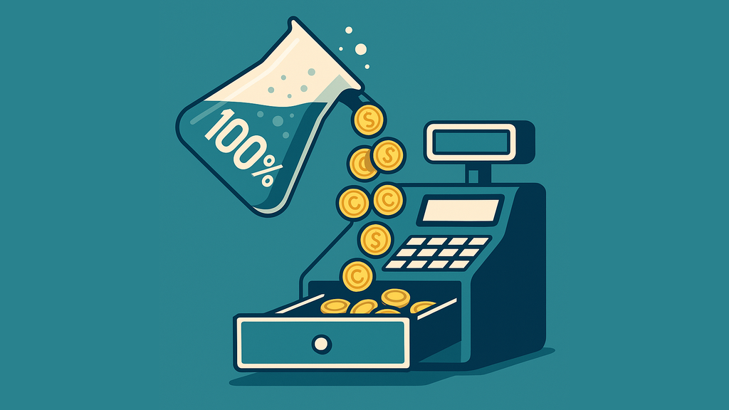 A beaker labeled “100%” pouring gold coins into a cash register drawer, symbolizing the financial return from R&D tax credits
