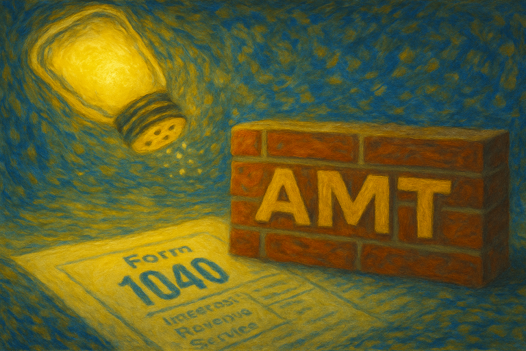 A glowing lightbulb illuminating a 1040 tax form and a brick labeled “AMT,” symbolizing the interplay between the Alternative Minimum Tax and the SALT deduction cap