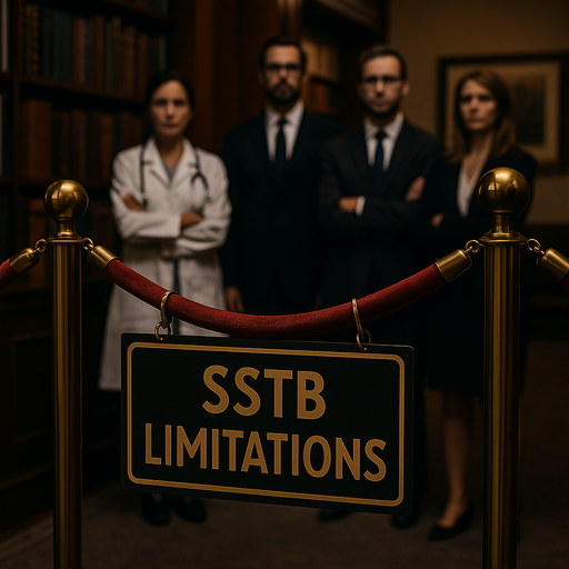 Professionals including a doctor and attorneys stand behind a rope barrier with a sign that reads “SSTB Limitations.”