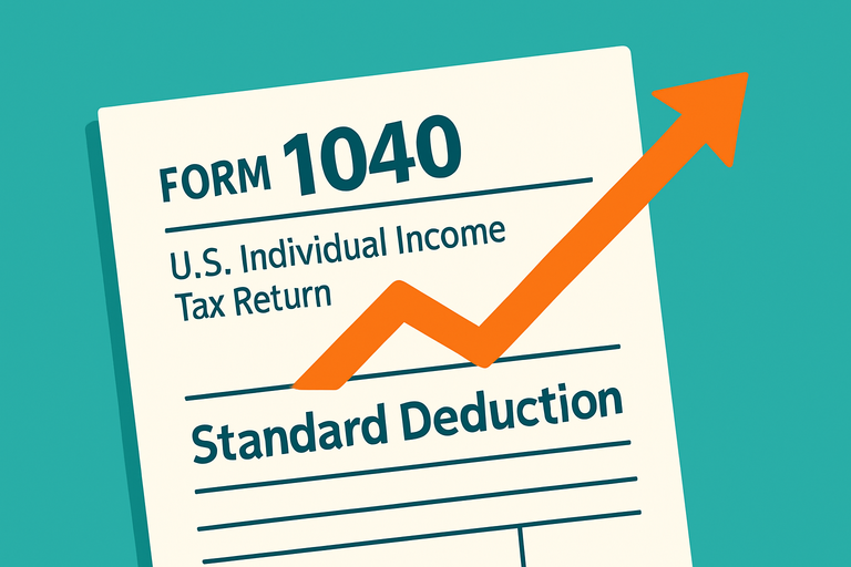 Graphic of IRS Form 1040 with an upward orange arrow and the words "Standard Deduction," symbolizing an increase in the standard deduction
